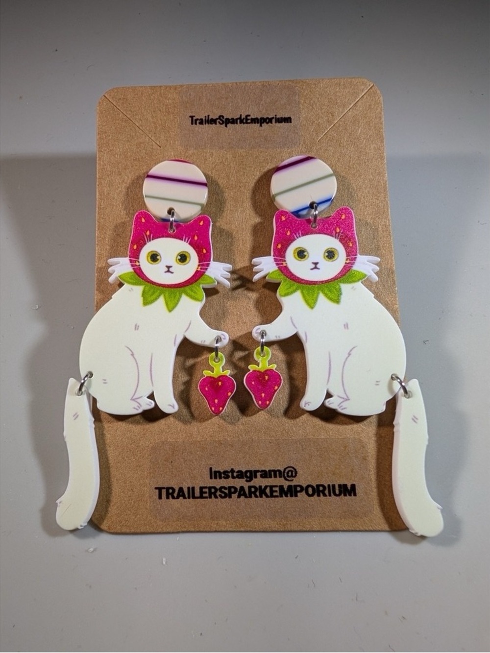 Pink-Accent Cat Dangle Earrings with Strawberry Charms
